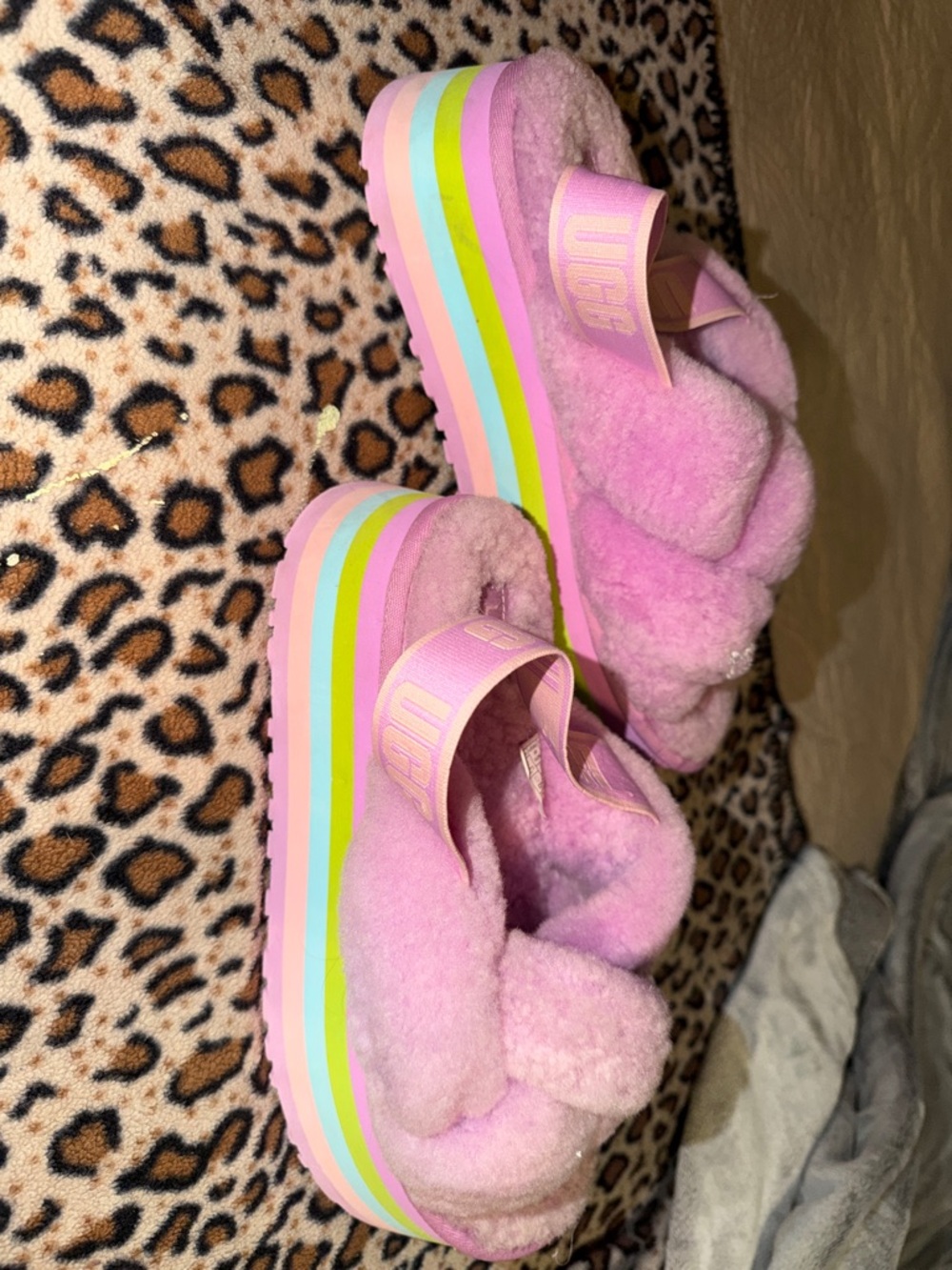 UGG Pink Shearling Platform Sandals with Pastel Rainbow Stripes